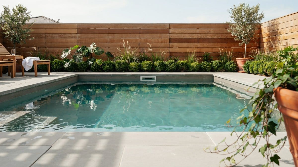Short horizontal wide-slat wood fence lining a paved backyard swimming pool