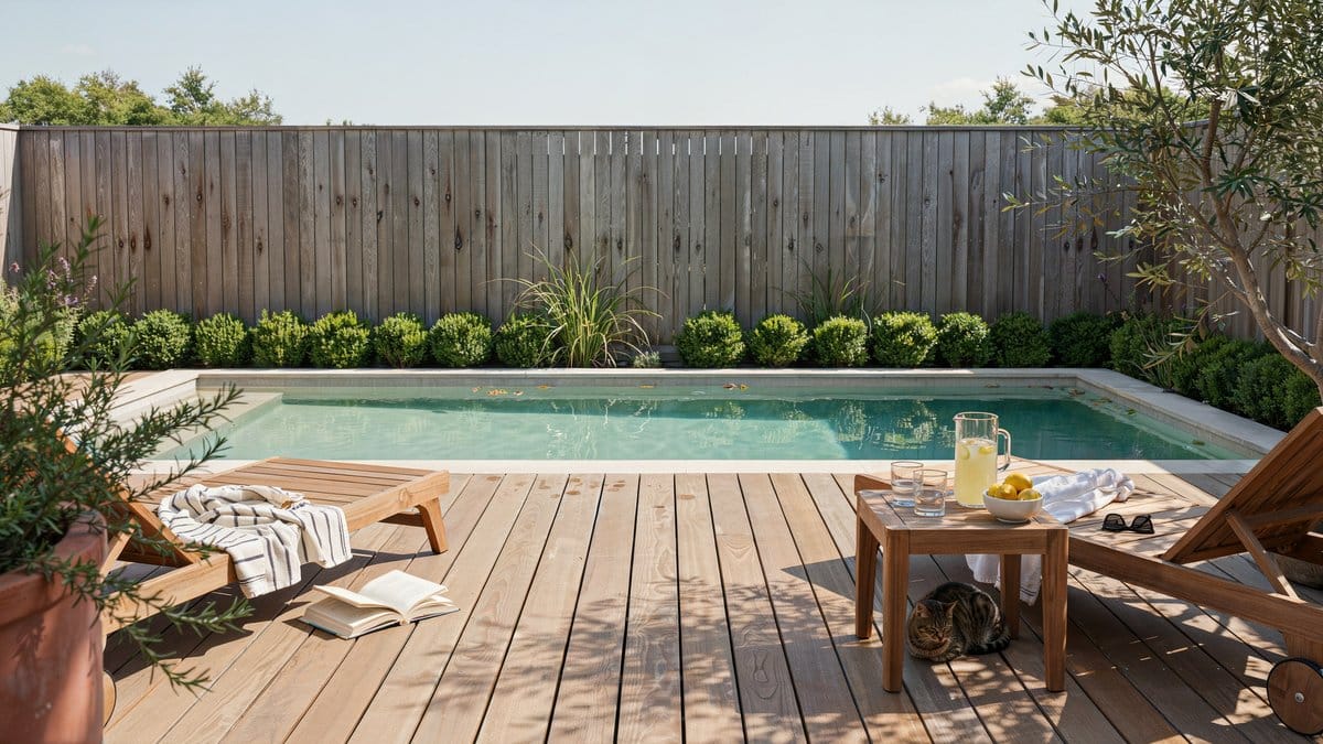 Tall vertical plank wood privacy fence around a pool with timber deck
