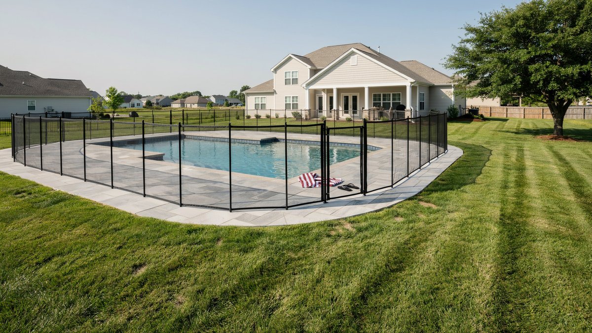 Black removable mesh safety fence surrounding an in-ground pool near a lawn