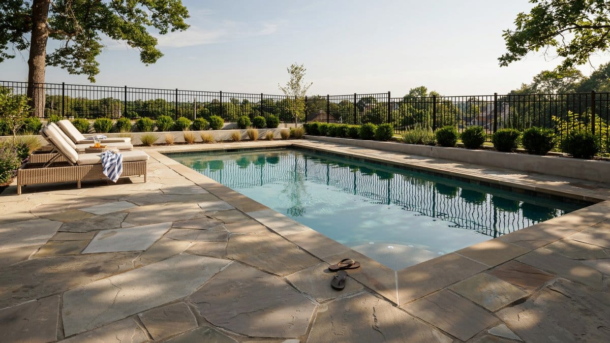 Black in-ground steel fence panels enclosing a backyard pool and stone deck