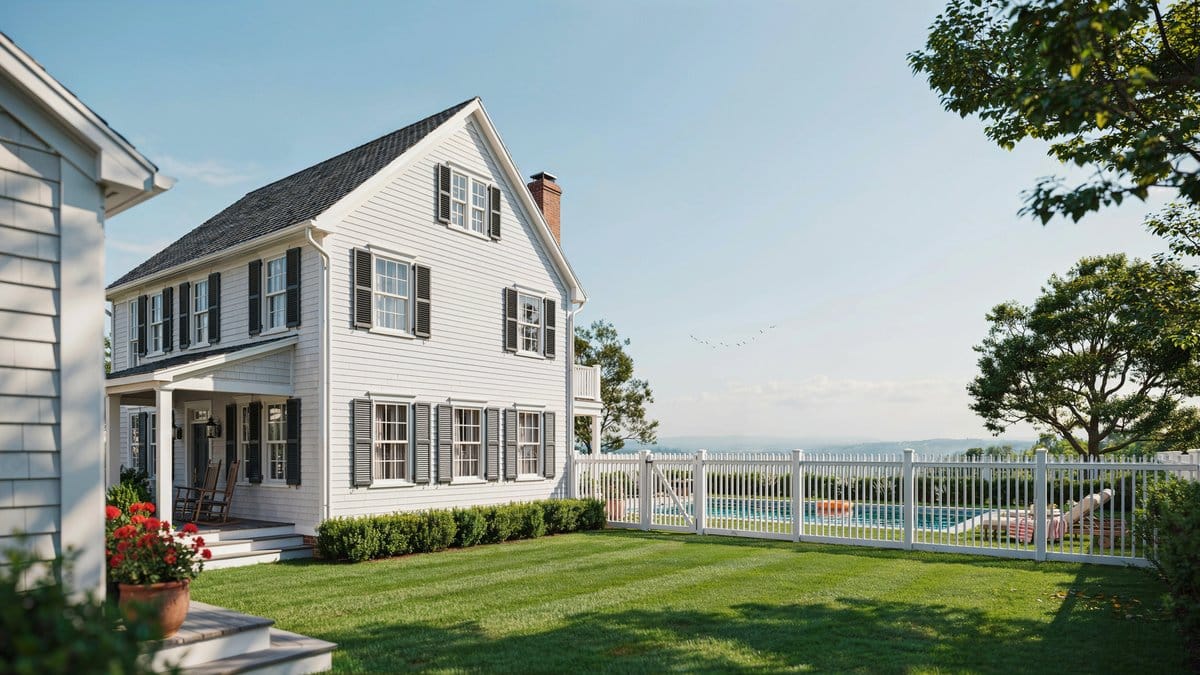 White cottage with a wide lawn and a white vinyl fenced pool area