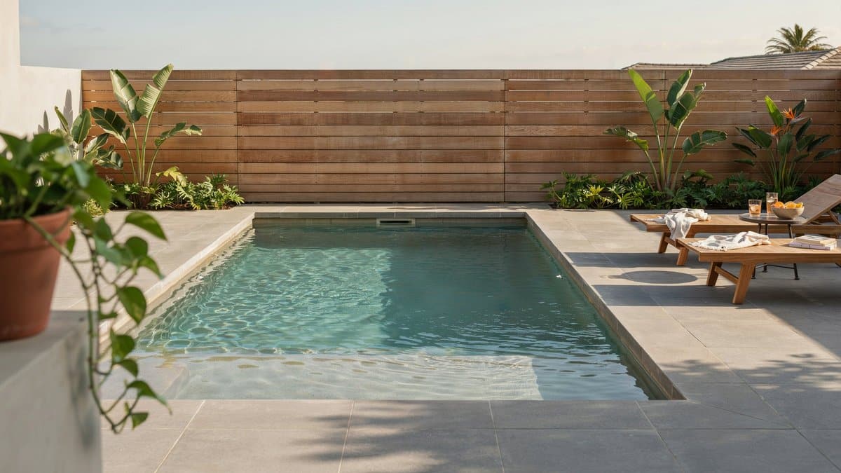 Horizontal wood slat privacy fence in warm timber beside a compact pool