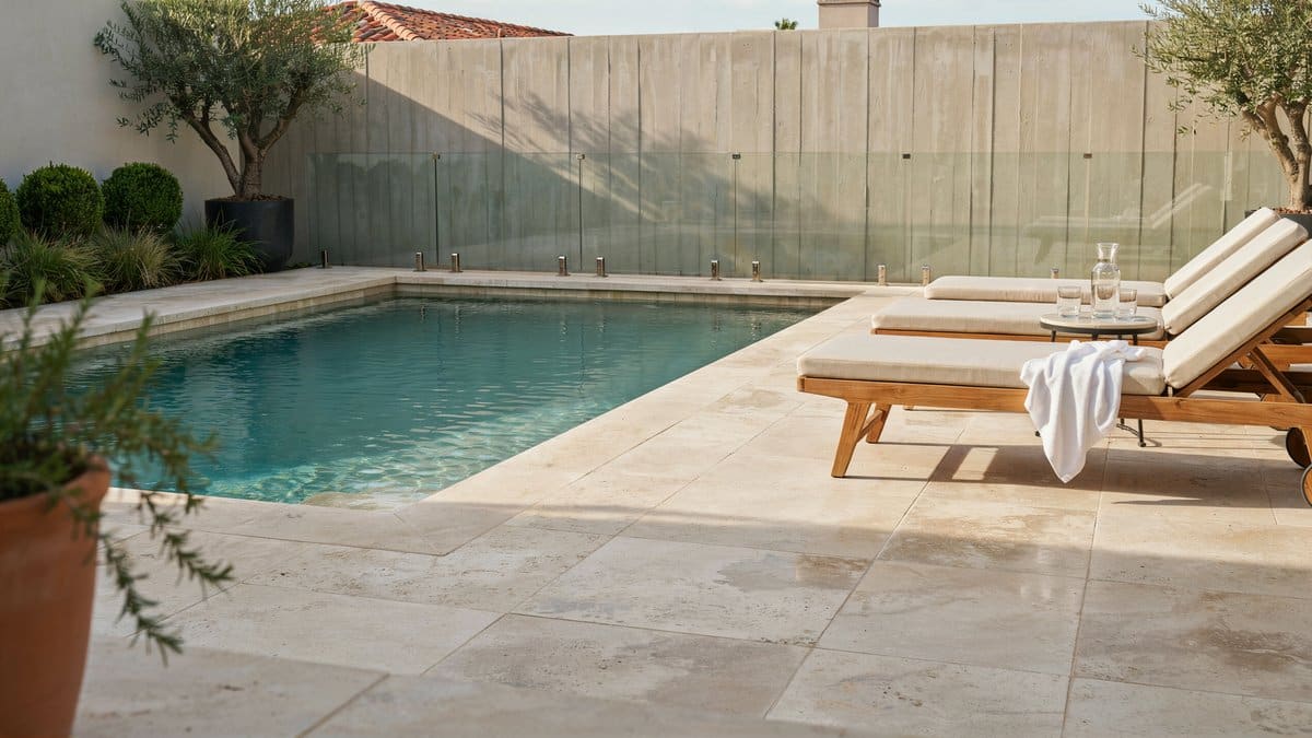 Luxury pool with a clear glass fence and tall cement privacy wall