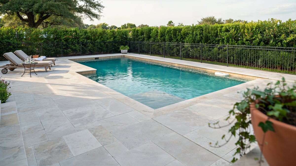 Black aluminum safety fence and trimmed hedges around a rectangular backyard pool