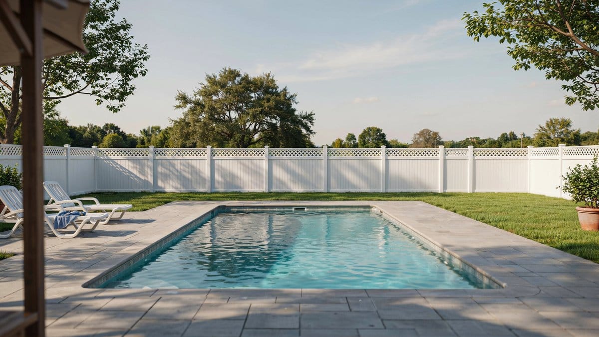 White vinyl fence with a lattice top edging a grassy backyard pool