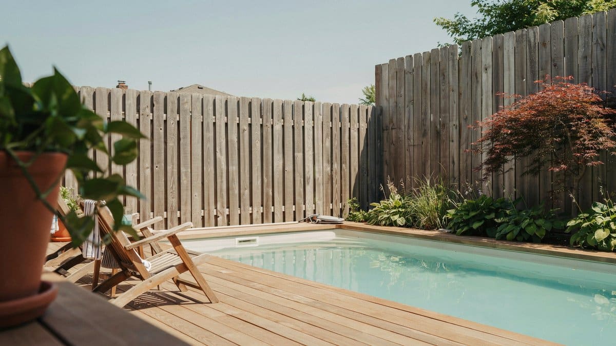 Tall wood stockade privacy fence surrounding a pool with wooden deck