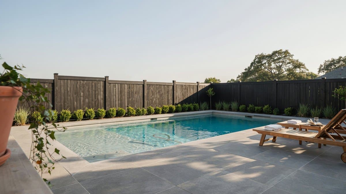 Large privacy fence combining black painted wood panels and metal frames