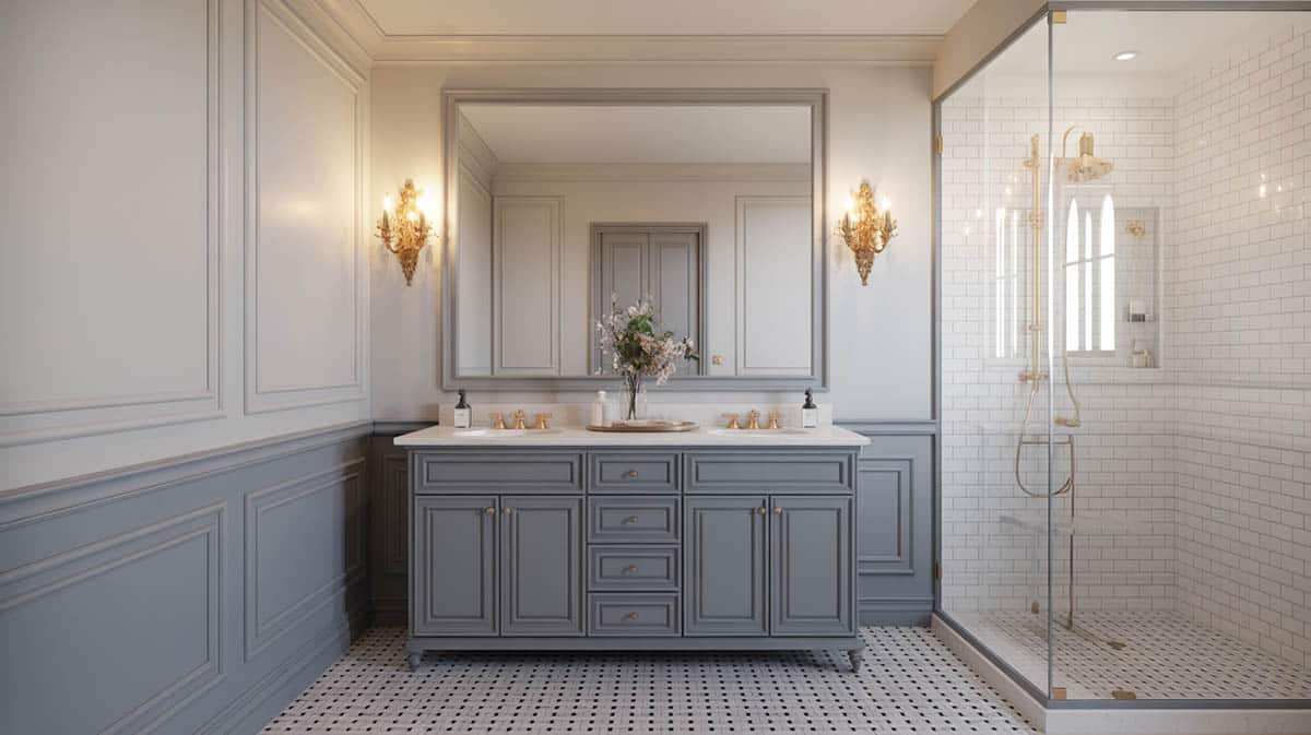 Gray raised panel wall treatment matching built-in cabinetry with gold accent moldings