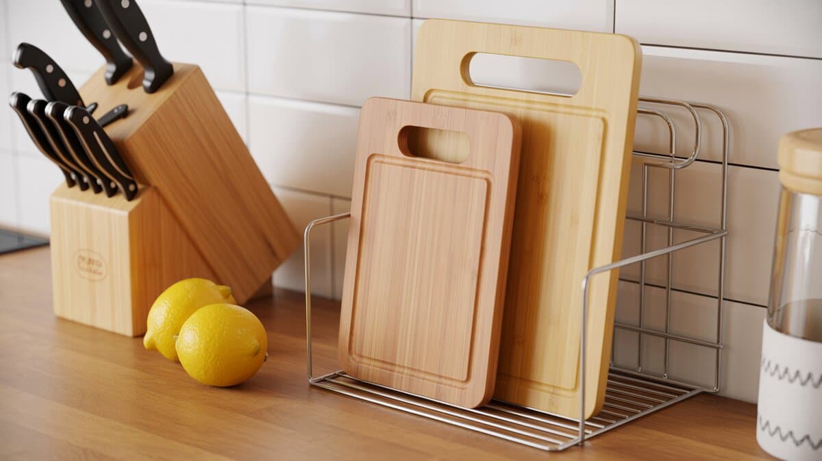 Three bamboo cutting boards stored upright in a silver stainless steel countertop organizer rack