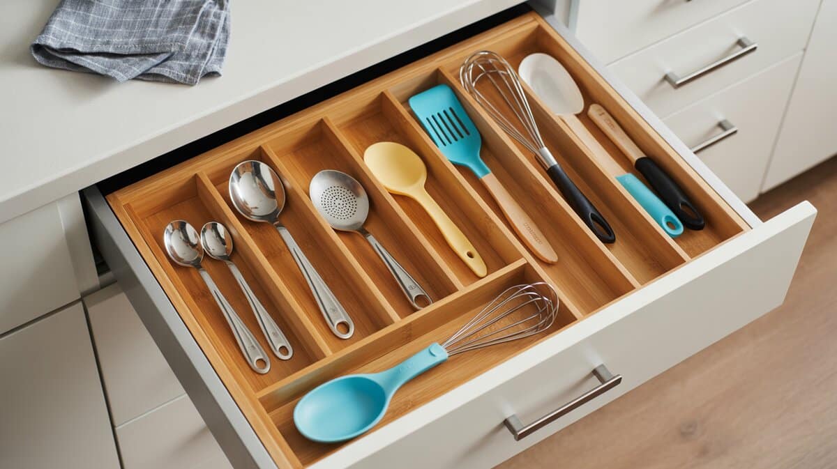 Open kitchen drawer with adjustable bamboo divider organizer neatly sorting measuring spoons and small kitchen tools