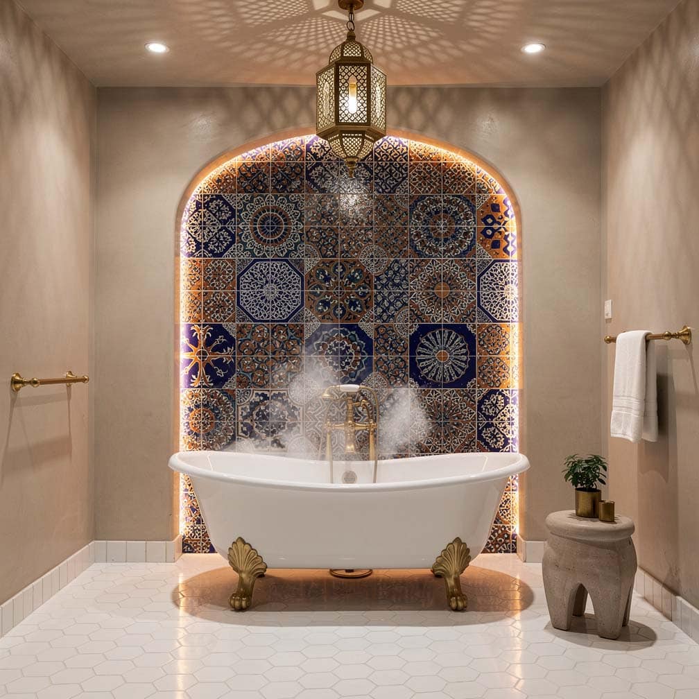 Bathroom with arabesque tile wall alcove