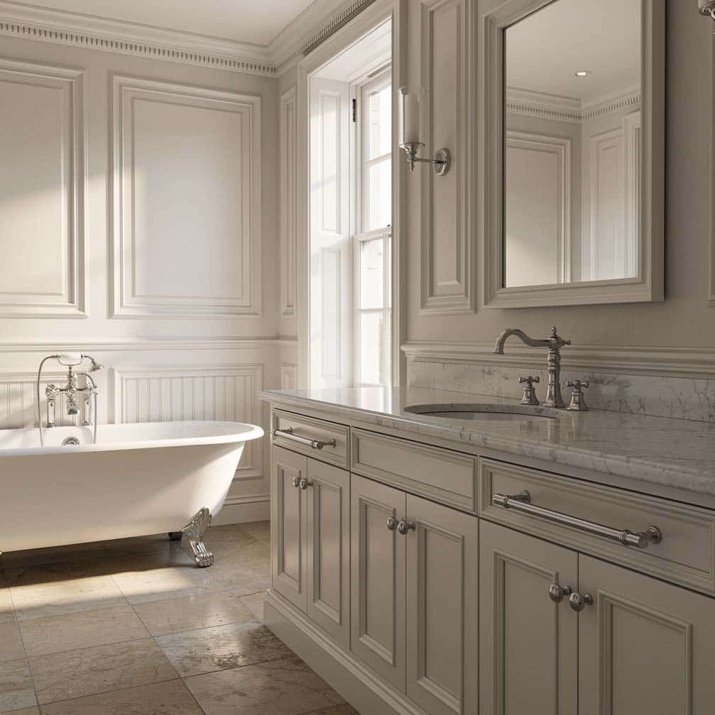 Collage of white wainscoting panel styles in bright modern bathrooms