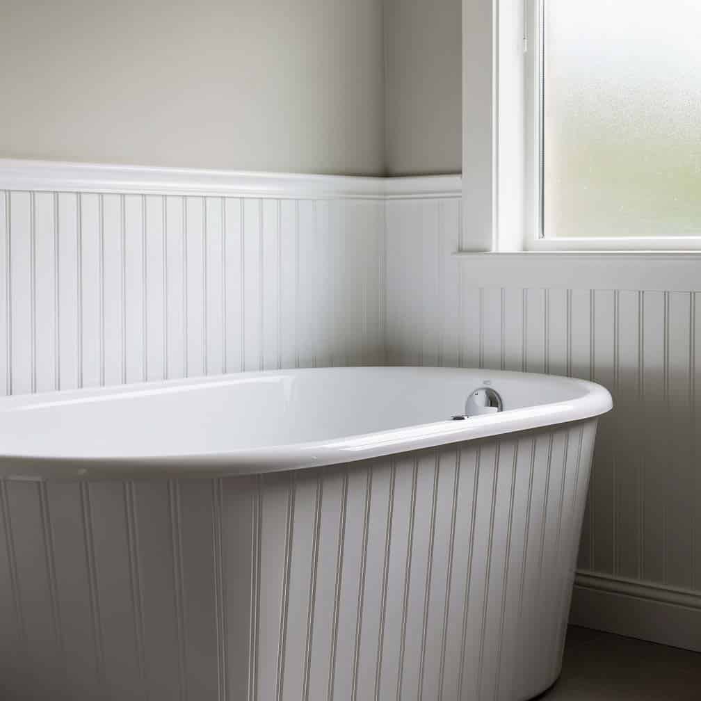 Beadboard panels used as a moisture-resistant surround around a freestanding soaking tub