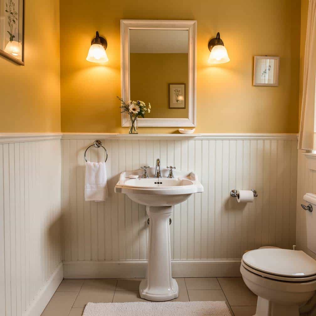 Vertical beadboard panels with sunny yellow upper walls and a classic pedestal sink