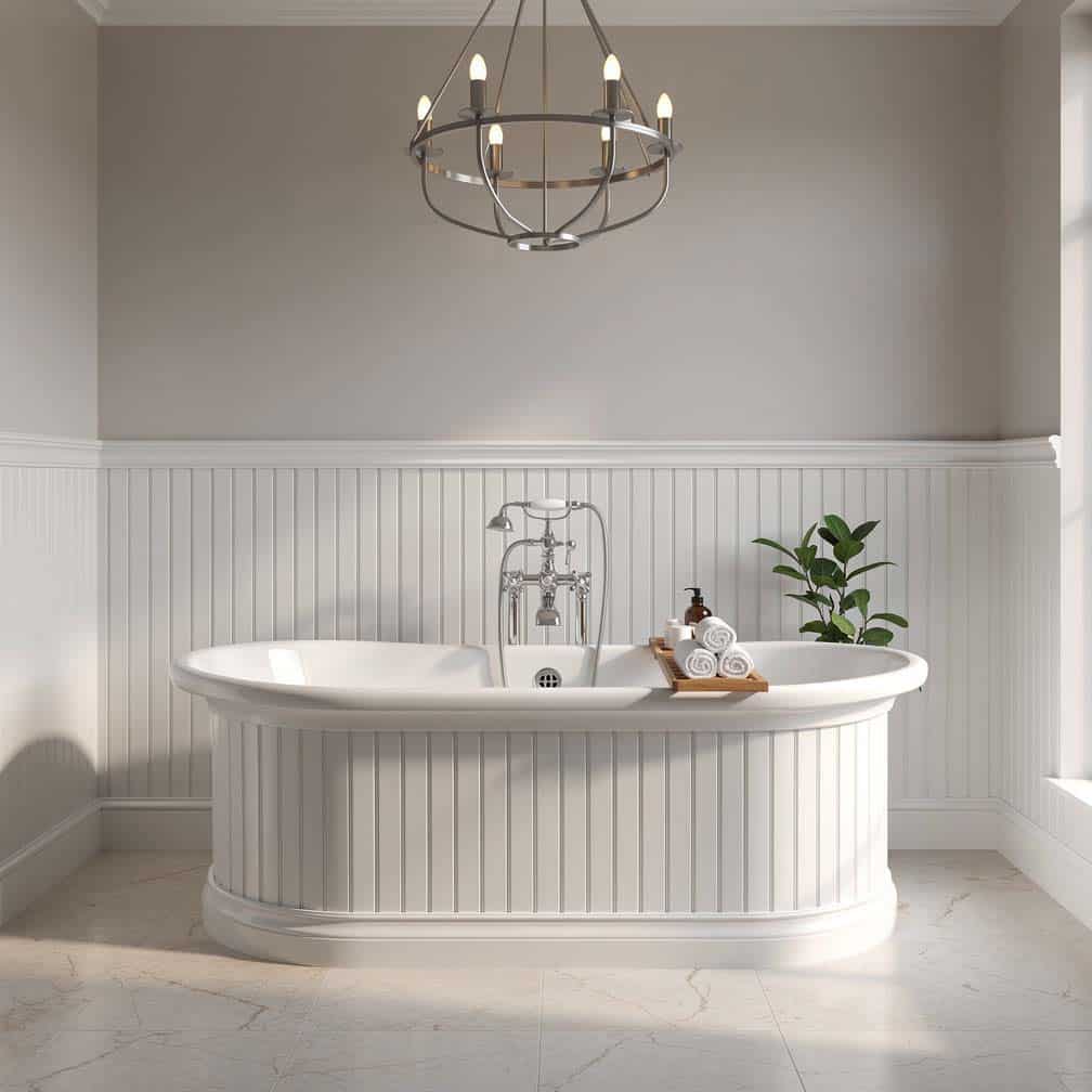 White beadboard panels wrapped entirely around a clawfoot bathtub beneath a contemporary chandelier