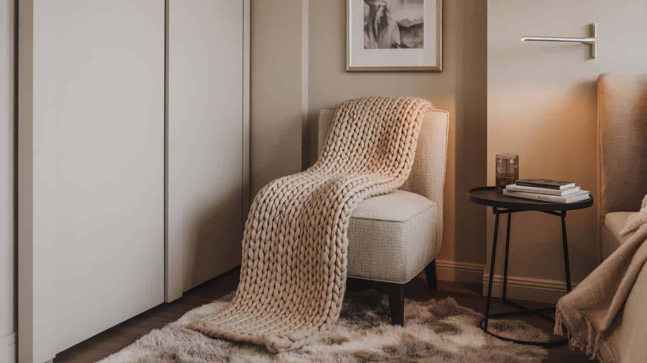 Bedroom corner accent chair draped in a chunky knitted throw with framed wall art above and a plush area rug
