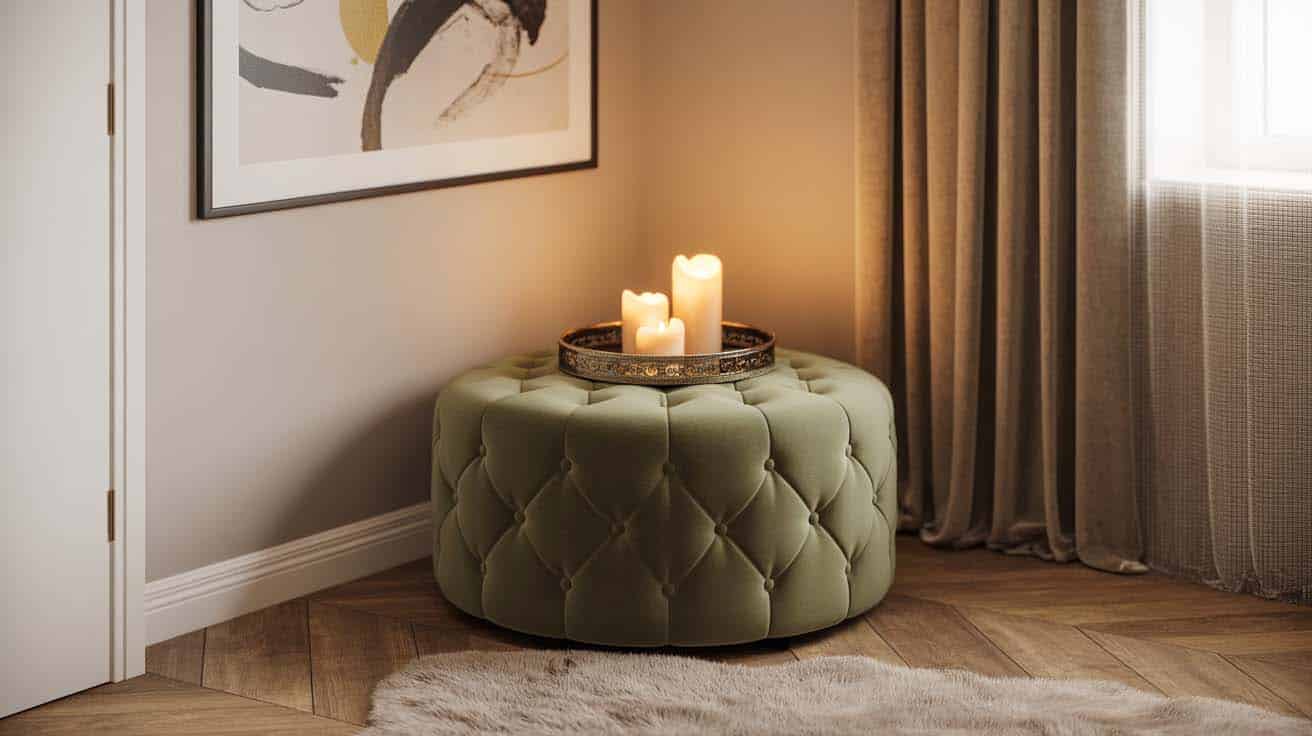 Sage green tufted velvet ottoman with a decorative candle tray and abstract wall art in a bedroom corner nook