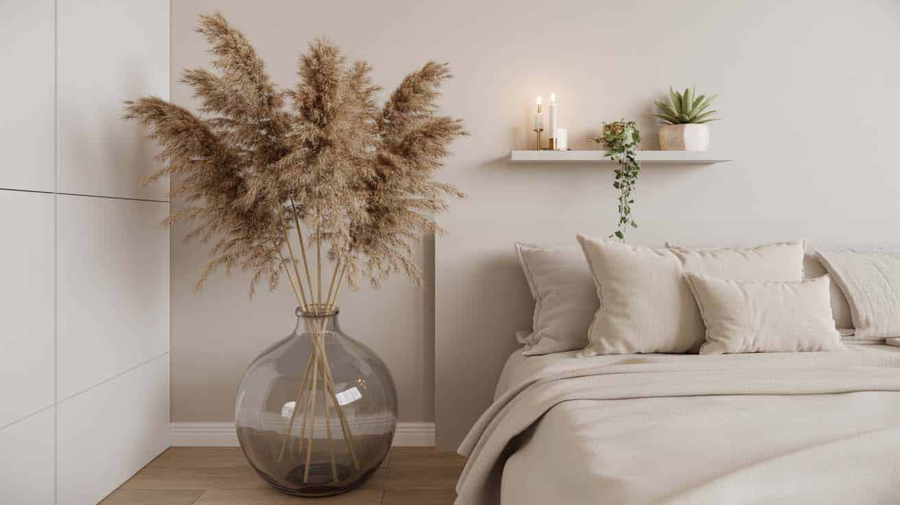 Large clear glass floor vase filled with dried pampas grass in a minimalist bedroom corner with a floating shelf above