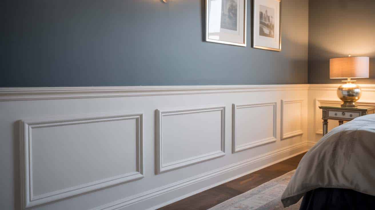 White decorative wainscoting panels adding character to a bedroom wall corner with framed artwork above