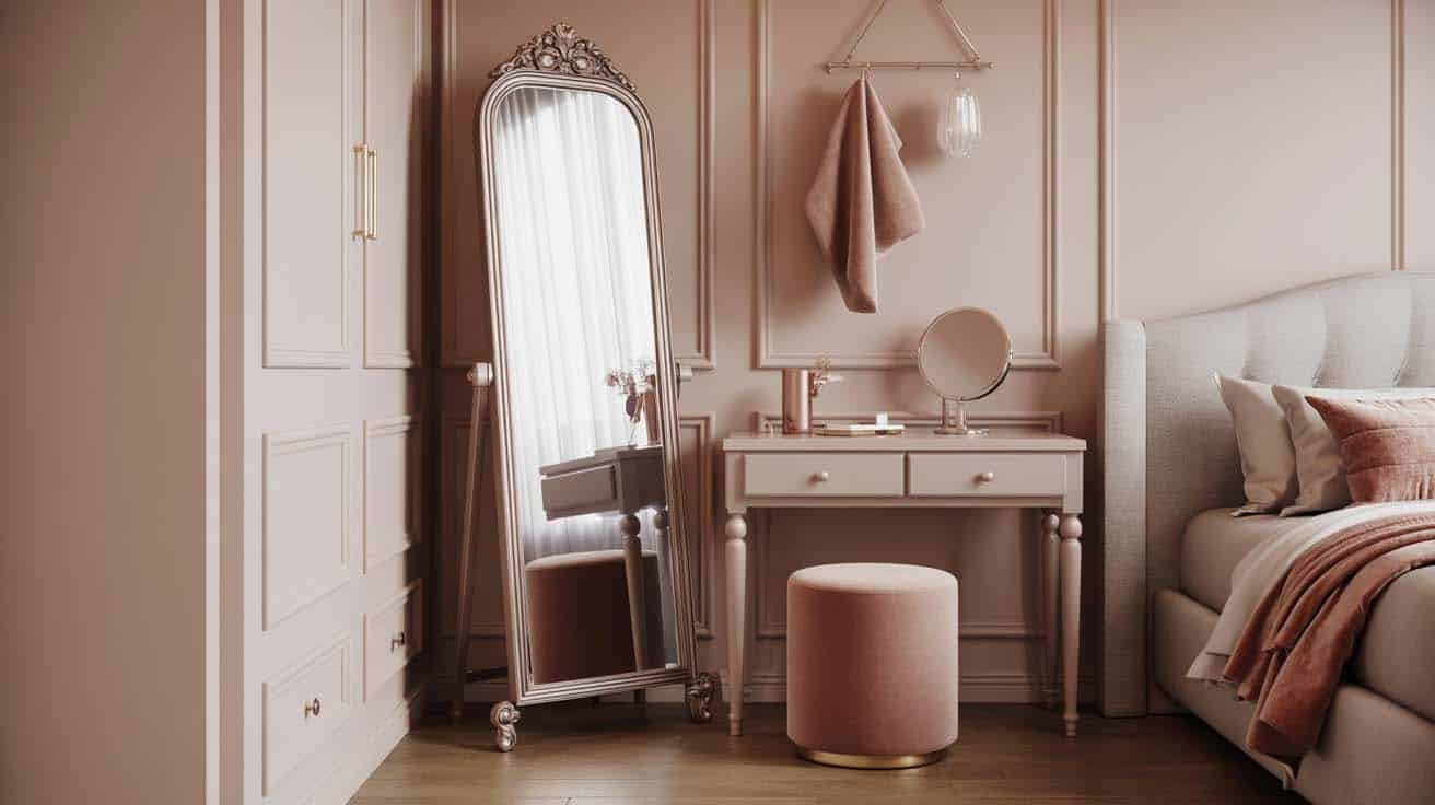 Elegant stand mirror and small velvet vanity stool creating a compact dressing area in a bedroom corner