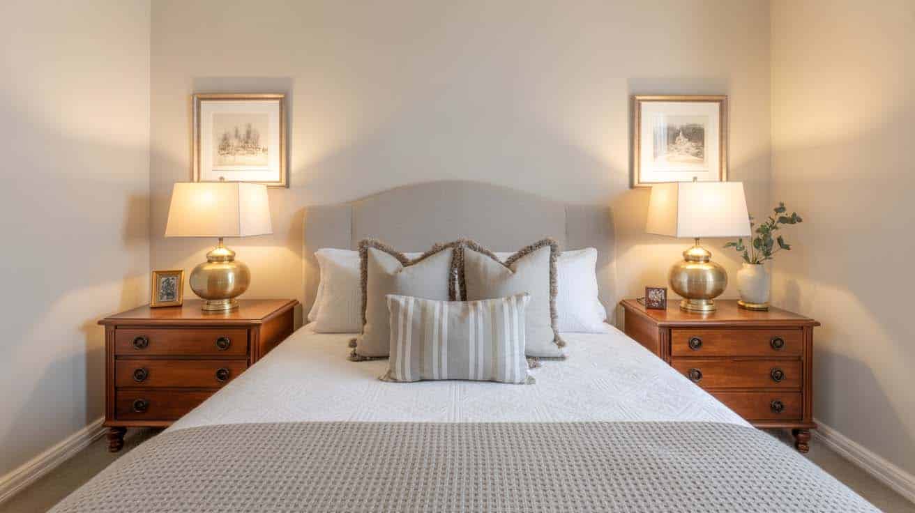 Two matching wooden nightstands symmetrically placed in the corners on either side of a guest bedroom bed
