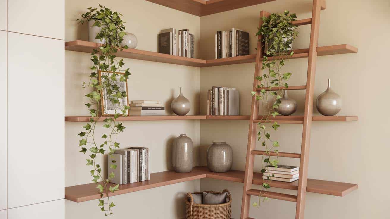 Natural wood ladder-style corner shelves displaying books, trailing ivy plants, and ceramic vases in a boho bedroom