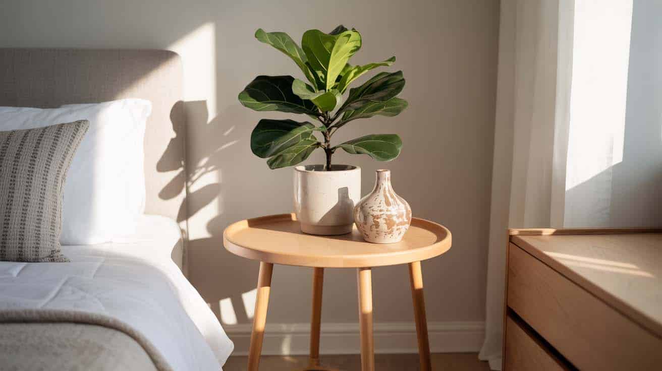 Small wooden side table with a fiddle-leaf fig plant and ceramic vase in a Scandinavian bedroom corner