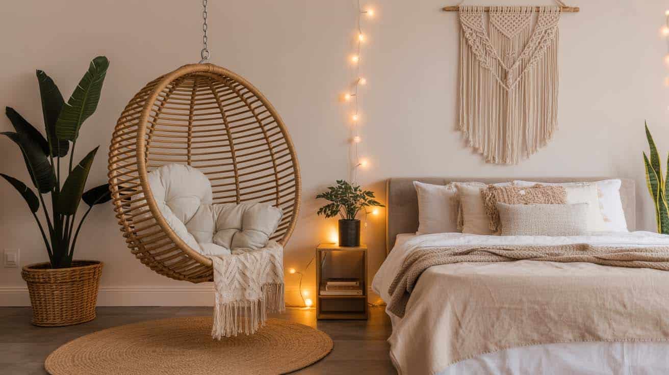 Round rattan hanging egg chair suspended from the bedroom ceiling corner with boho macrame wall hanging and plants
