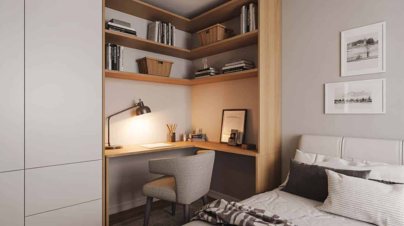 Compact L-shaped writing desk tucked into a bedroom corner with open shelves and warm farmhouse-style lighting