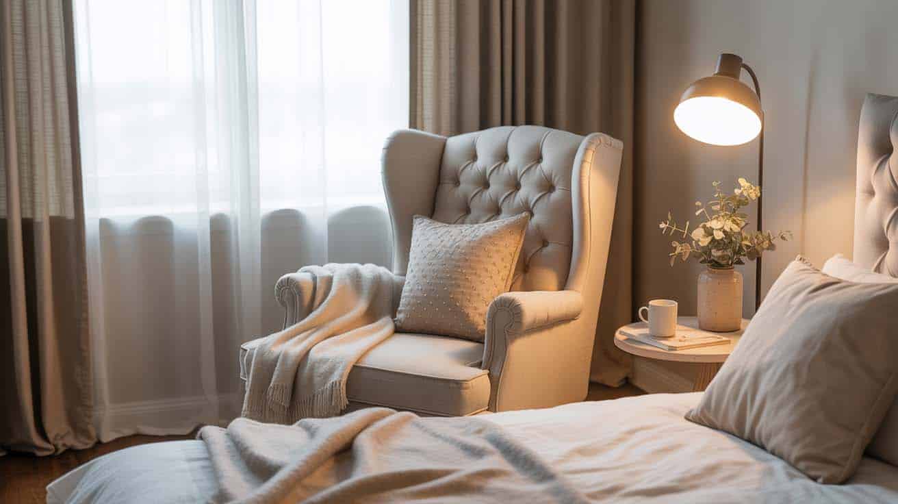 Tufted wingback accent chair in a cozy bedroom corner with a warm reading lamp and round side table