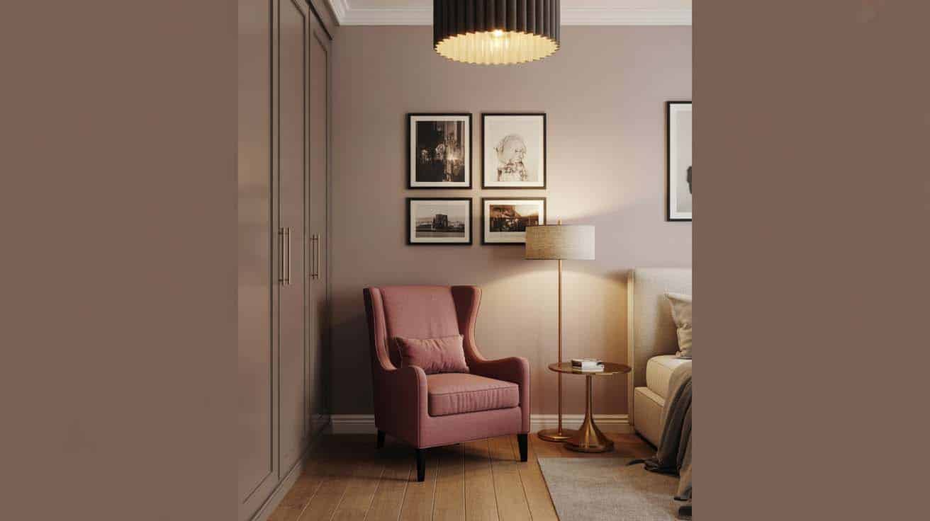 Upholstered armchair in dusty rose with a slim floor lamp and mini-chandelier in a stylish bedroom corner