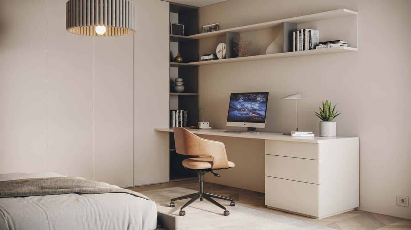 Wall-mounted white corner desk with open shelves and pendant lamp in a minimalist Scandinavian bedroom workspace