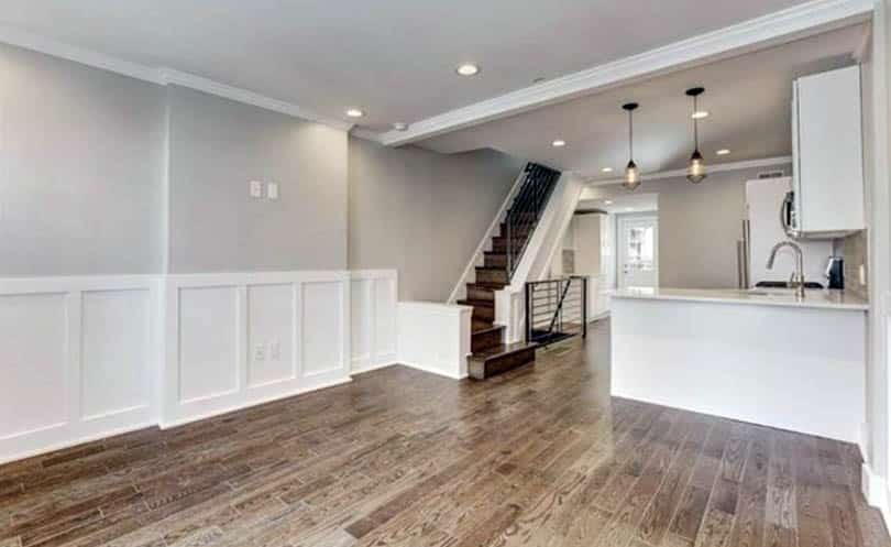 Board and batten wainscoting open concept living room