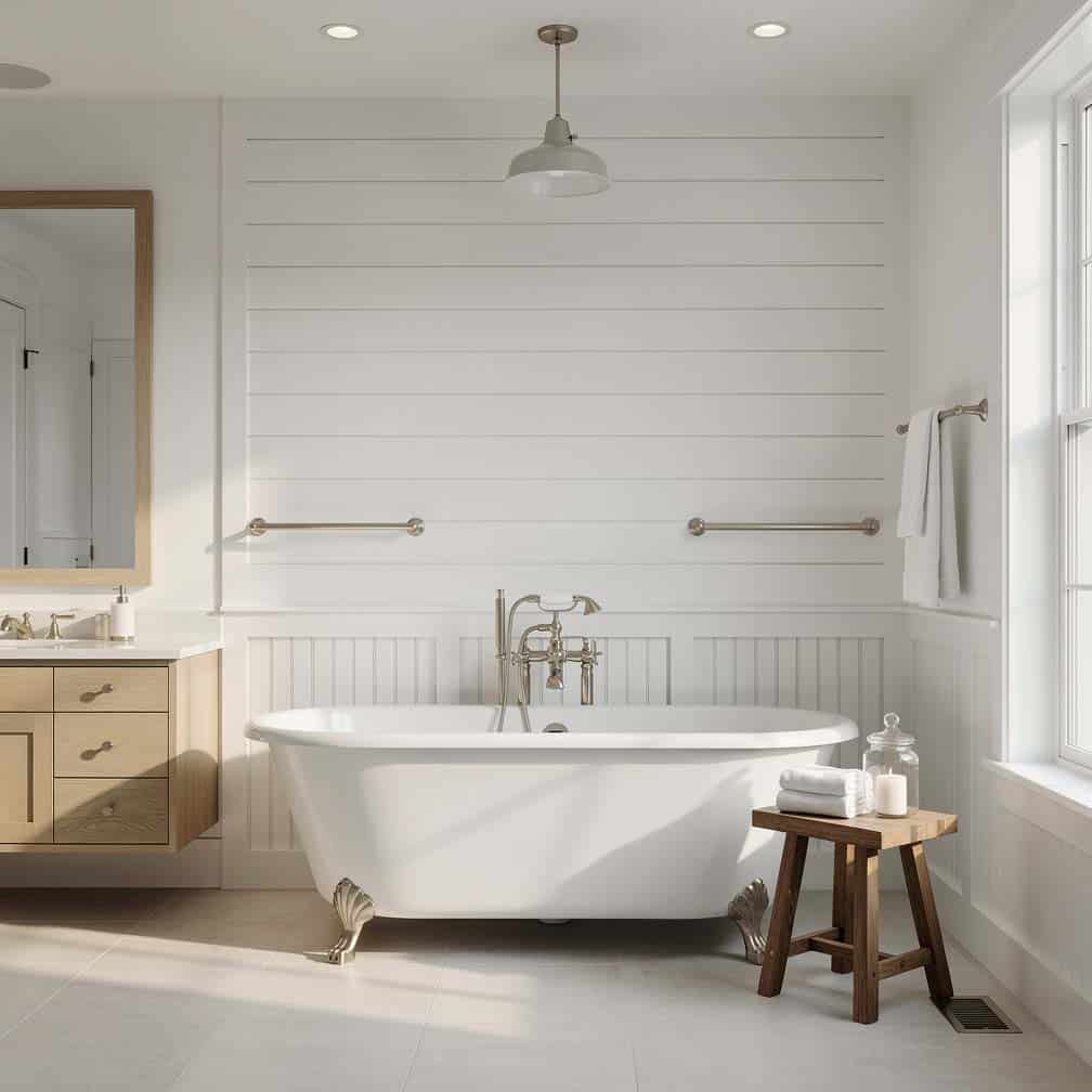 White board and batten paneling with vertical battens in a modern farmhouse-style bathroom
