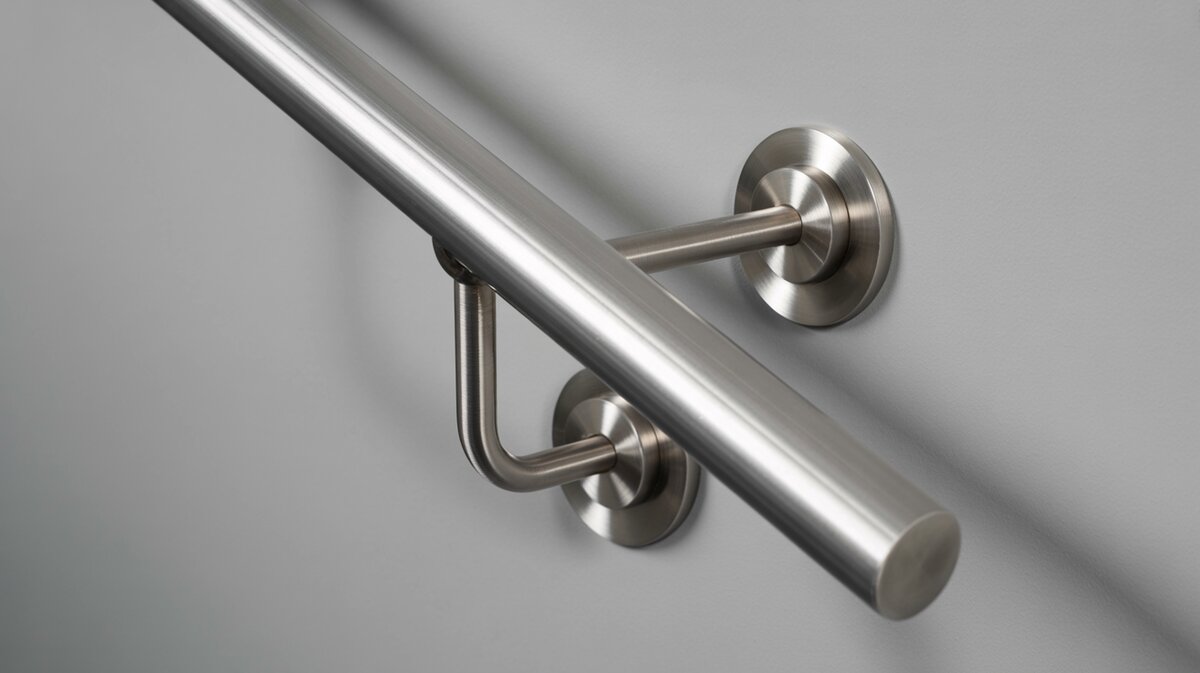 Brushed stainless steel wall-mounted stair handrail secured with polished nickel wall bracket hardware