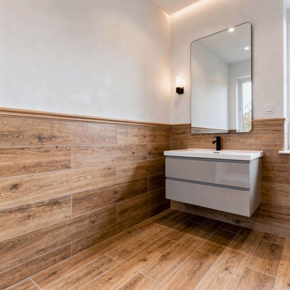 Large-format wood-look ceramic tile paneling coordinating with matching warm-toned plank floor tile