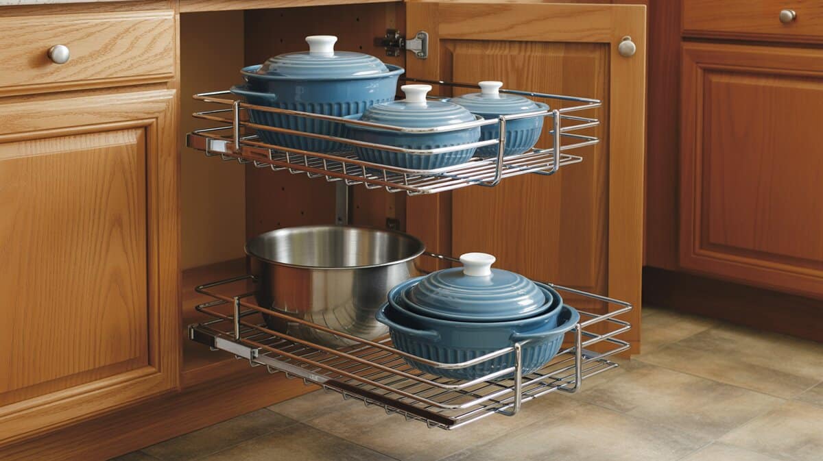 Chrome two-tier pull-out wire basket organizer extended from kitchen cabinet holding blue bakeware and mixing bowls