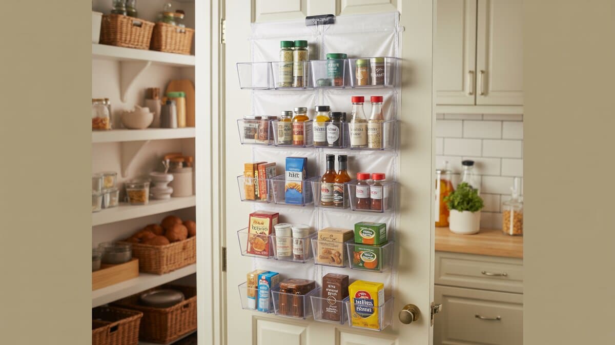 Clear plastic over-the-door pantry organizer with pockets filled with spice jars, sauces and packaged snacks