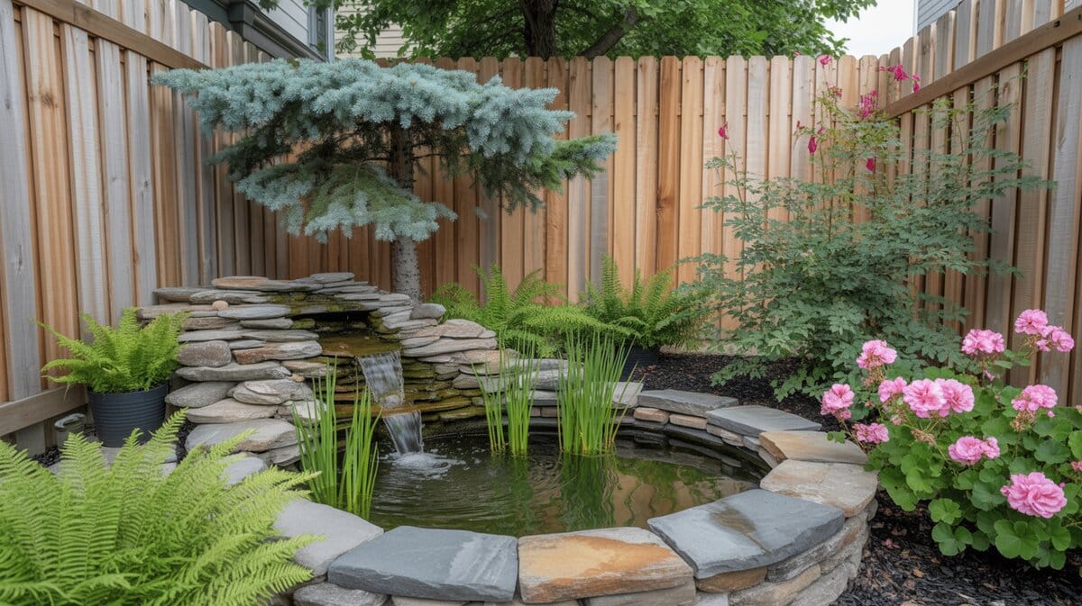 Compact backyard pond with stacked stone waterfall, cedar fence backdrop, blue spruce and pink flowers