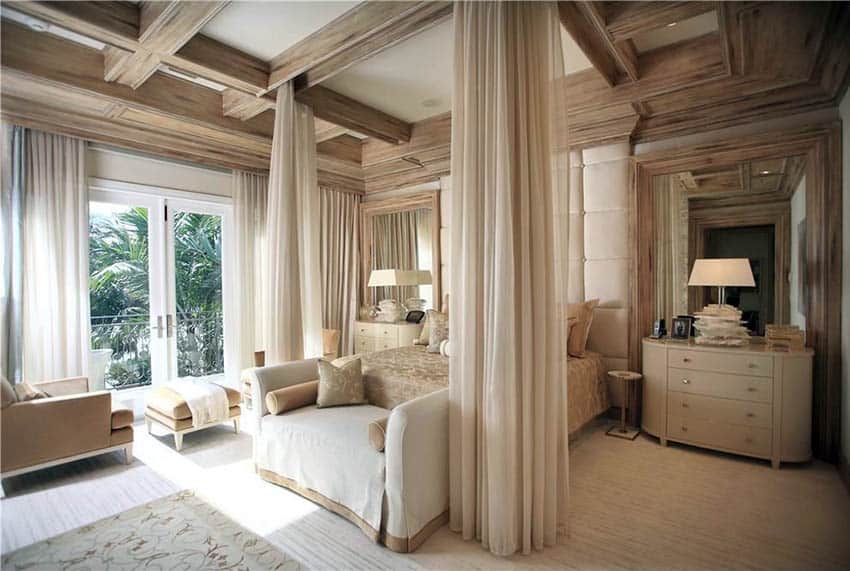 Contemporary bedroom with faux wood beam coffered ceiling