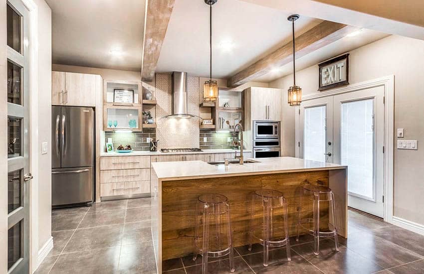 Contemporary kitchen with faux wood beam ceiling, waterfall countertop island with reclaimed wood base and light veneer cabinets