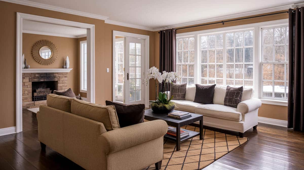 contemporary room design uses mostly gray tones and is given a