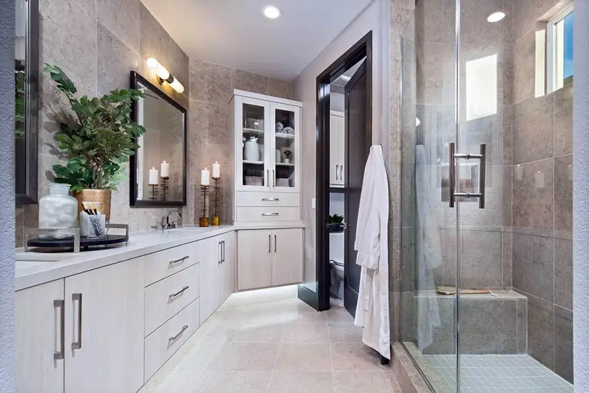 Contemporary bathroom with granite shower and bench