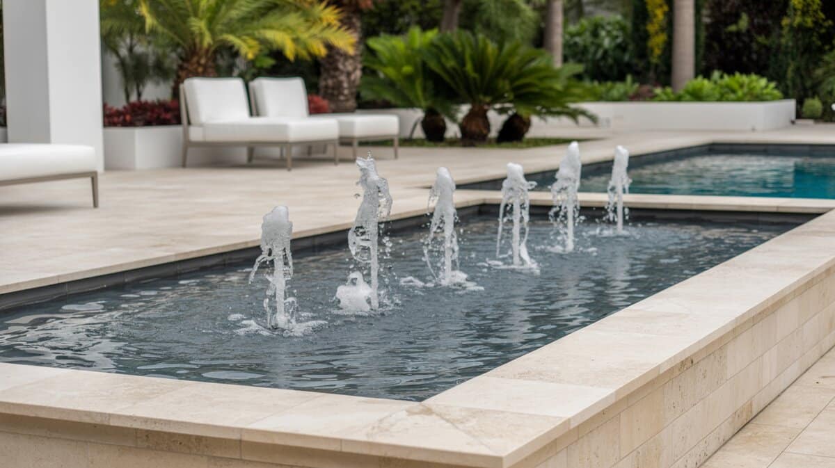 Contemporary raised rectangular pond with multiple vertical fountain jets on travertine patio