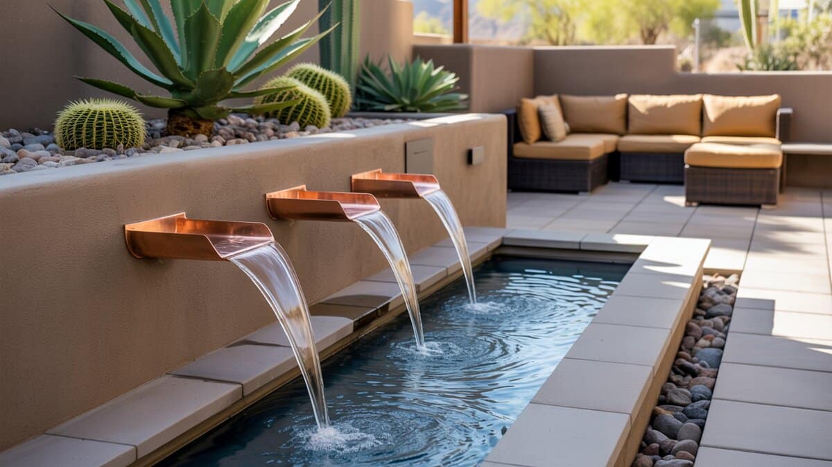 Copper wall scupper waterfall with three arcing streams into narrow reflecting pool on desert patio
