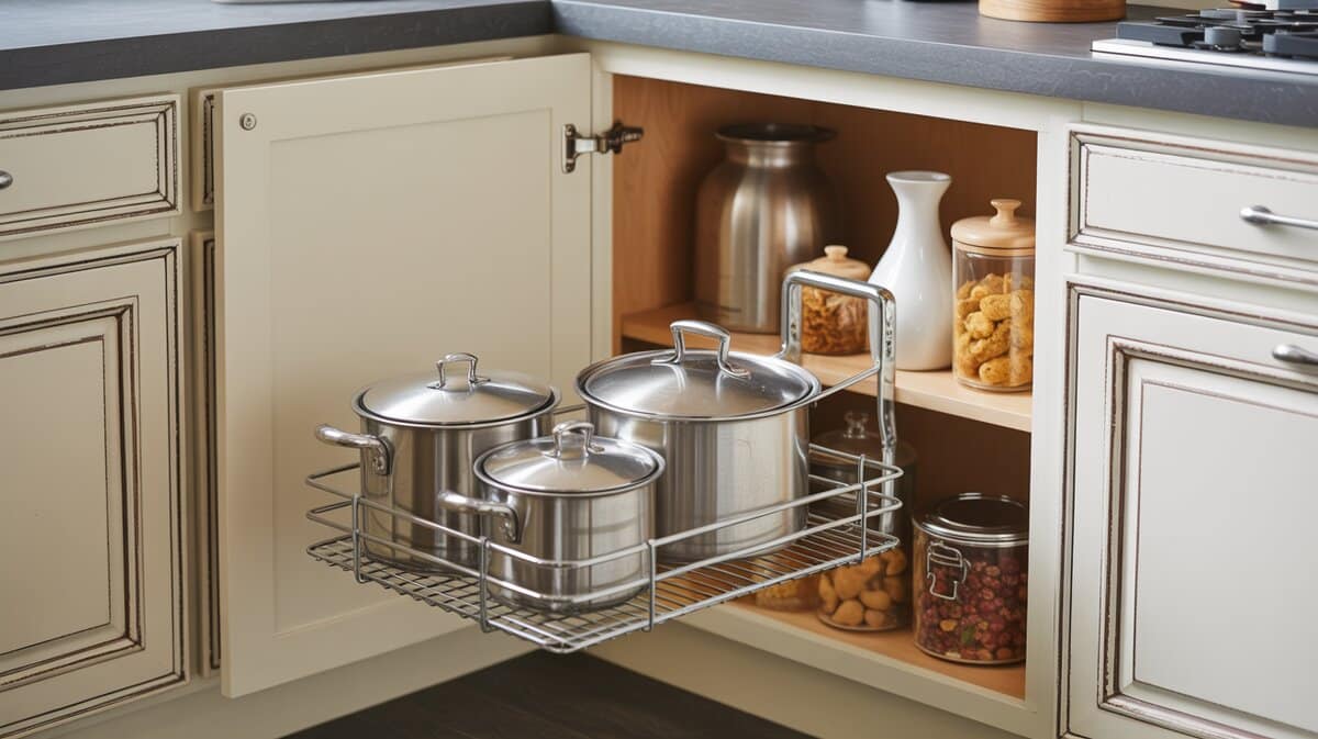 Corner kitchen cabinet with swing-out chrome wire basket organizer loaded with stainless pots and canisters