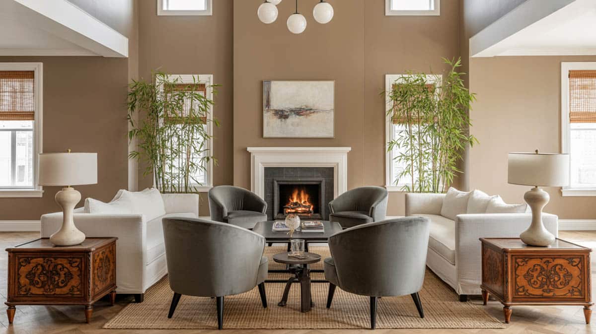 This cottage style living room design has painted shiplap walls with a