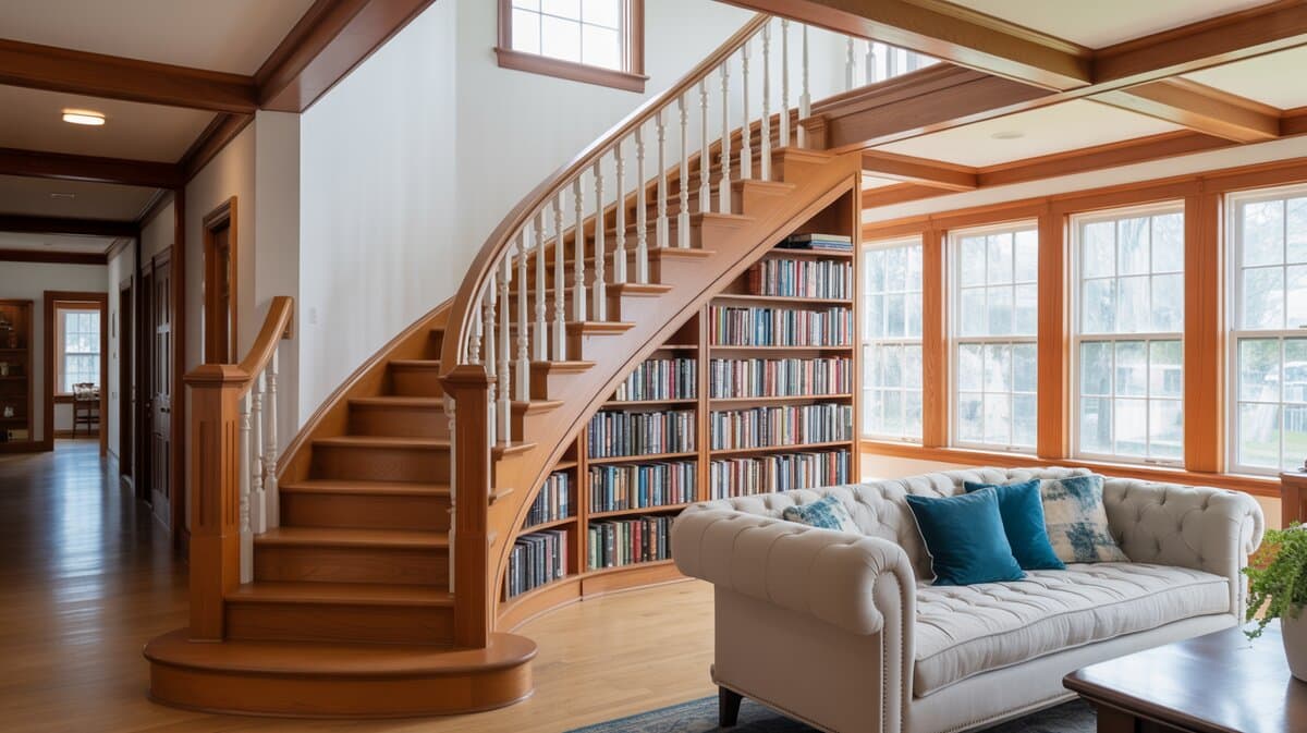 Craftsman style curved oak staircase with white balusters beside a built-in bookcase and cathedral ceiling skylight
