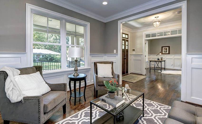 Craftsman living room with wainscoting walls, gray paint, hand scraped maple flooring