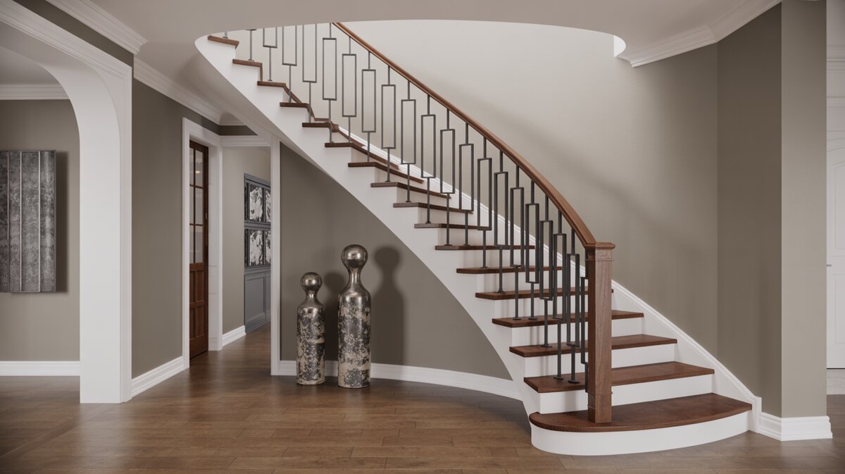 Curved floating staircase with dark walnut treads and geometric rectangular black metal panel balusters in foyer